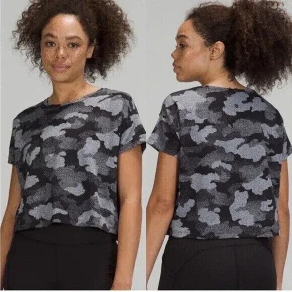 Lululemon Cates Tee Heritage Speckle Camo Black Cropped Short Sleeve Size 8
